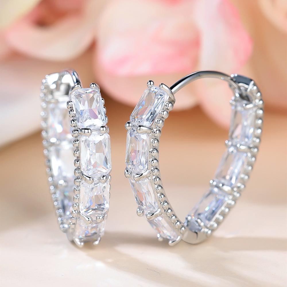 Luxury Geometric Zirconia Hoop Earrings Female Fashion Wedding Party Jewelry Gorgeous Silver Color Accessories for Women