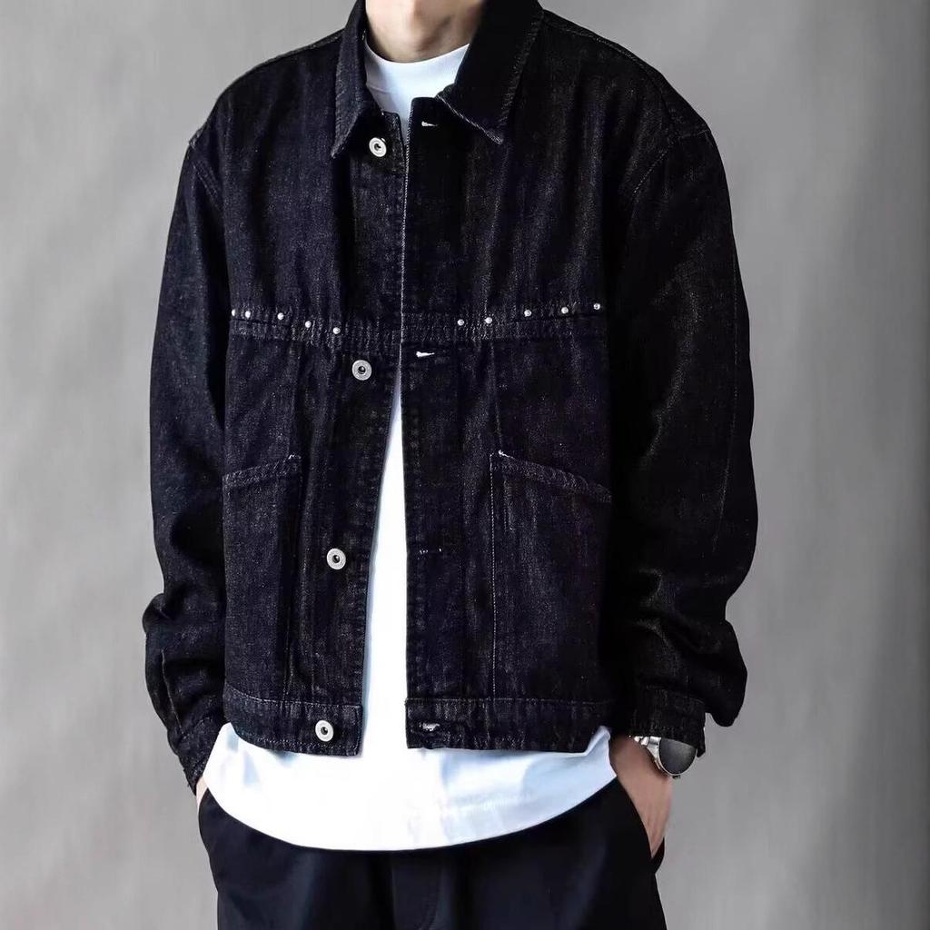 Pánská retro pracovní džínová bunda s nýty – volný střih, vypraná s límcem pro jaro a podzim.