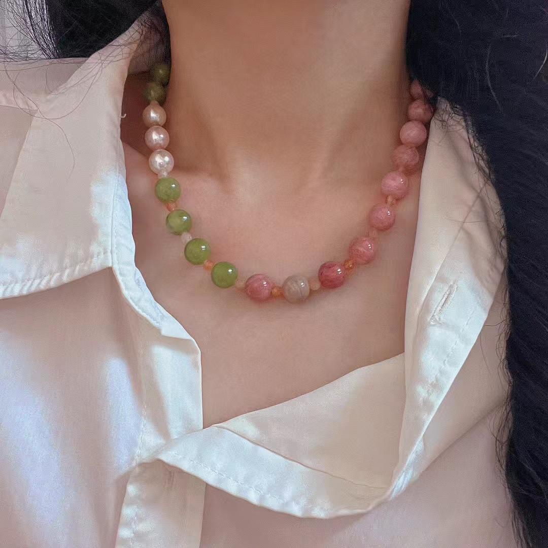 

Retro Sweet Natural Mahogany Pattern Southern Jade Artificial Pearl Collarbone Chain Necklace
