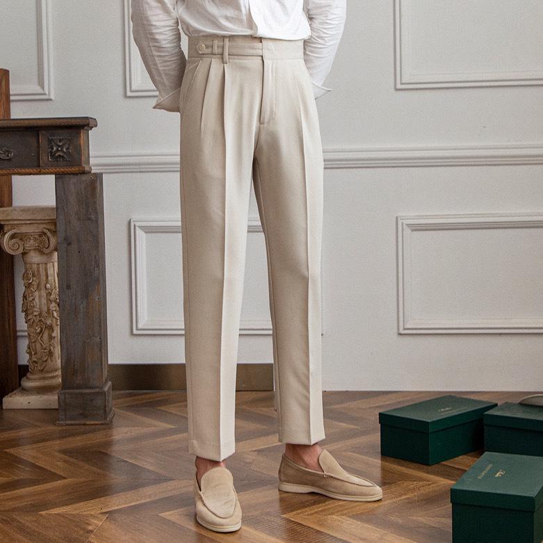 Men's Khaki Business Casual High-Waist Straight-Leg Trousers