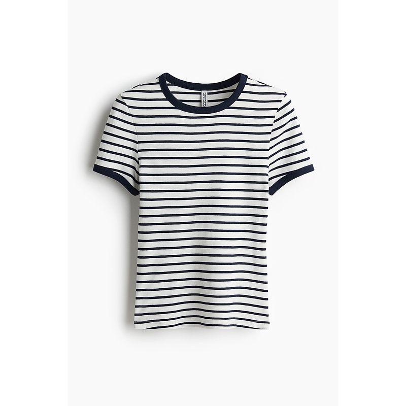 

HM Women s T-shirt 2025 Fall New round Neck Soft and Simple Silm Fashion Casual Short-Sleeved Top 1272760 White/Stripes 155/80(XS)