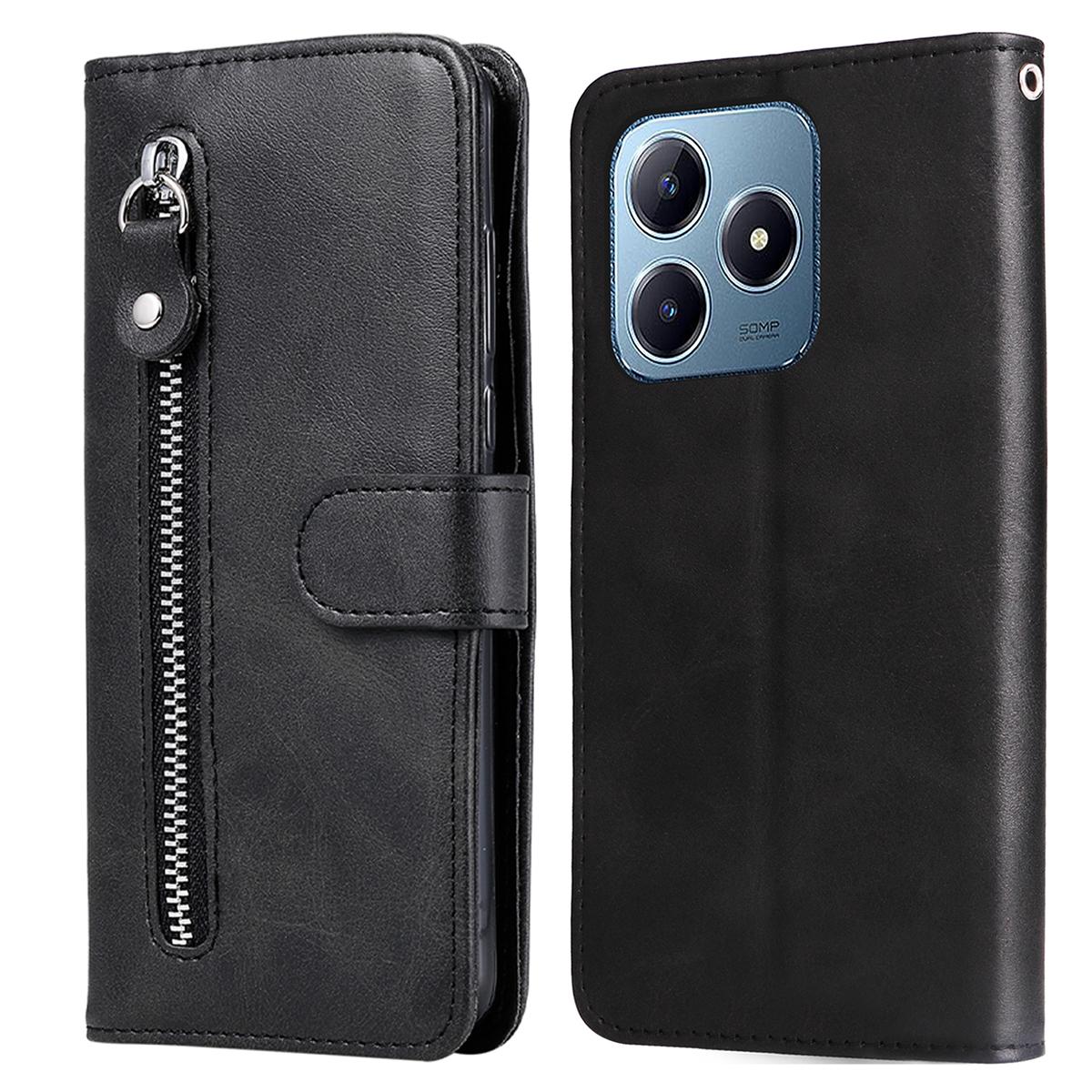 

For Realme Note 60x 4G/C63 4G/C61 4G/Note 60 Leather Case Zipper Pocket Phone Cover Black