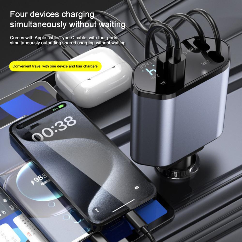 120W Car Charger USB Type C Fast Charge Adapter with Voltage Display 4 In 1 Retractable Cable Phone Car Charger for IPhone Huawei Samsung