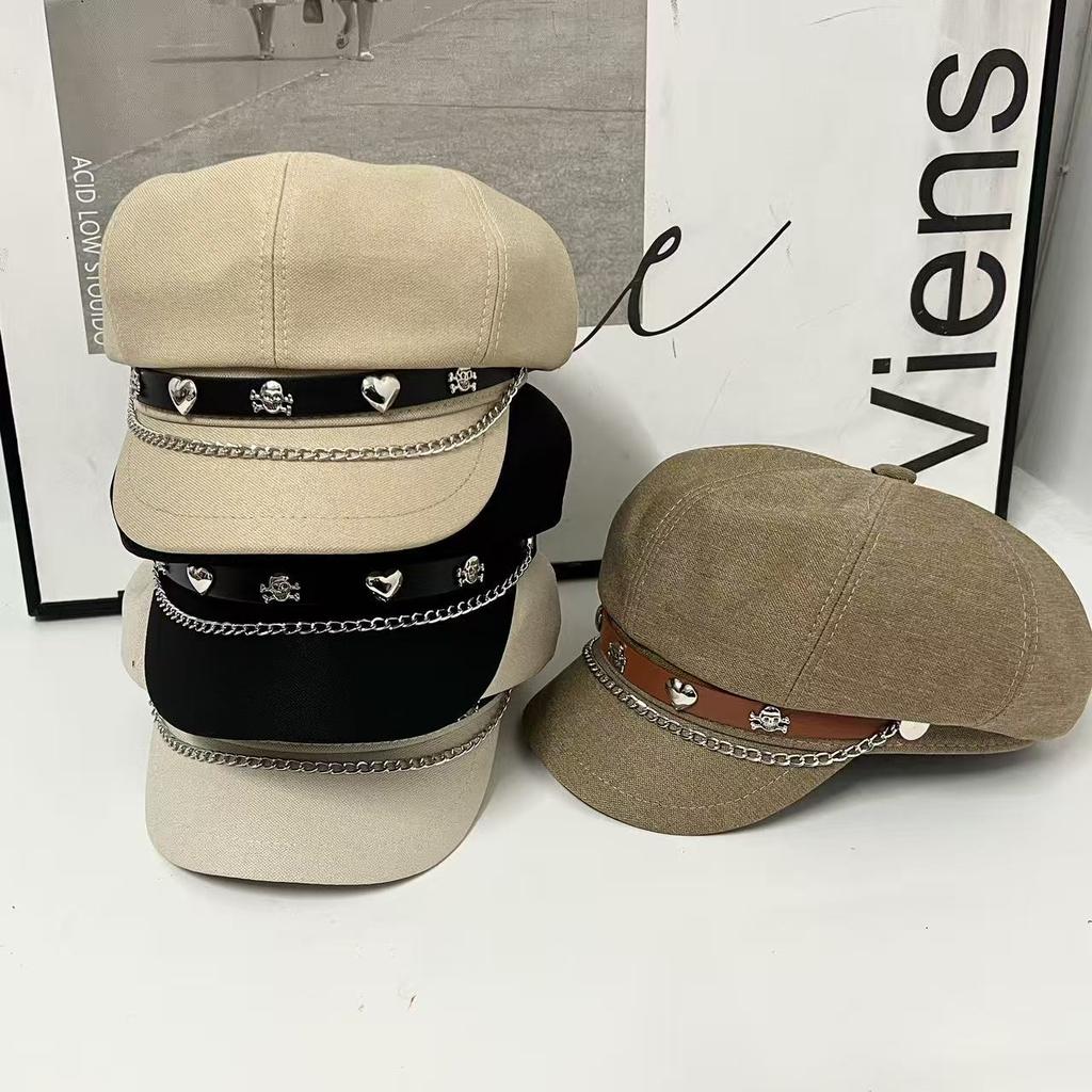 New Metal Standard Octagonal Hat Female Face Small Beret Casual Versatile Temperament Newsboy Hat English Letters