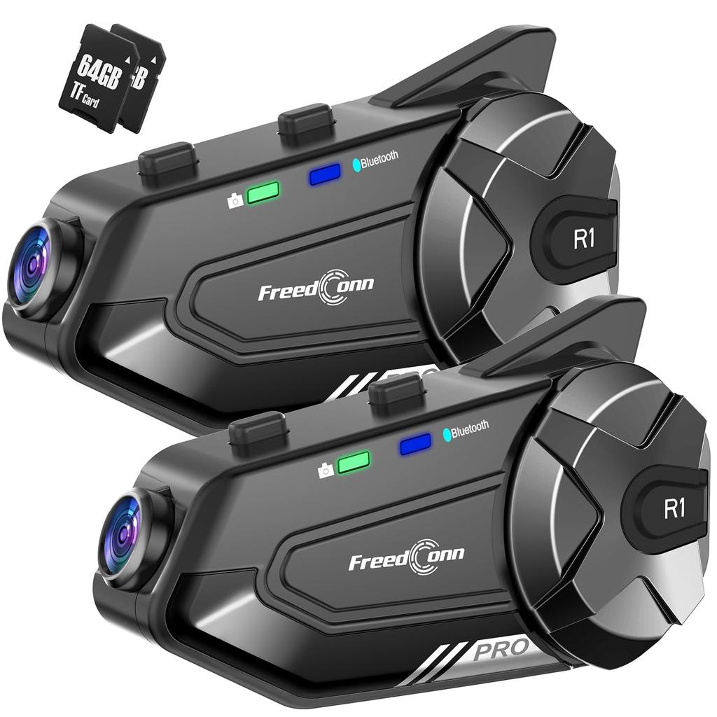 FreedConn R1Pro Motorcycle Intercom with Dash Cam for Simultaneous 38 Hours of Continuous Hours of Continuous Loop Supports up to 512GB of 2 with 64GB