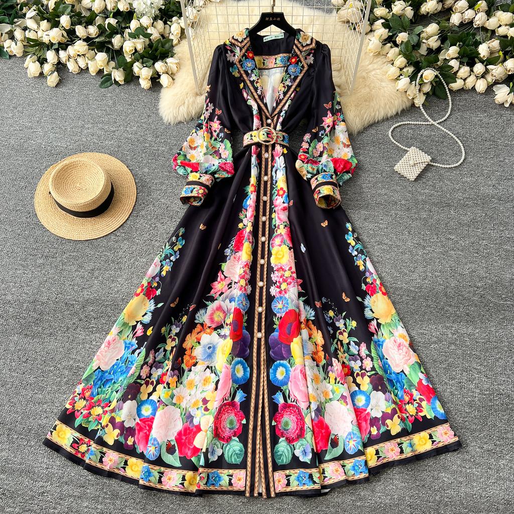 France Elegant Vintage Luxury Evening Dress Women Print  Button Long Party Dress Female Casual Chic Holiday Clothing