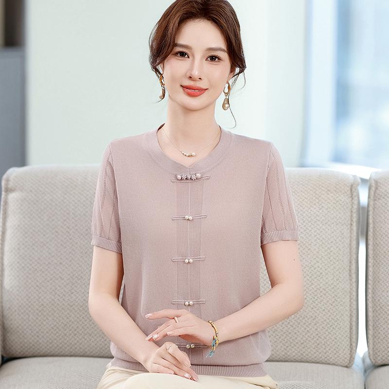 Mom s Summer Ice Silk Knit Top - 2026 New Chinese Style Short-Sleeve T-Shirt for Middle-Aged & Elderly Women L фиолетовый