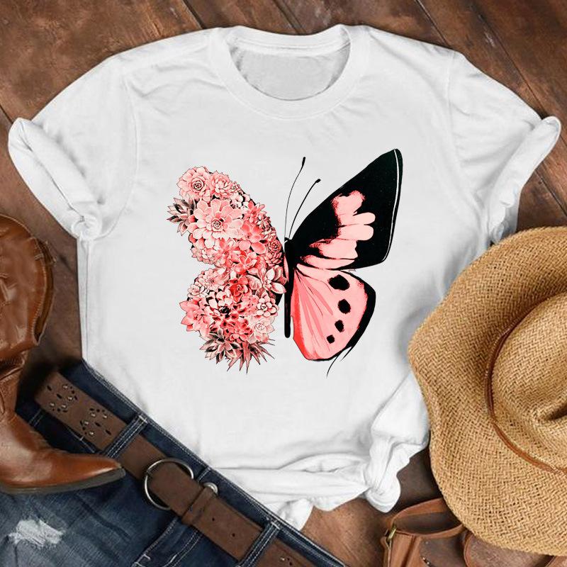 Summer Printed Floral Heart Pattern Base Shirt with White Letters Simple Pure Cotton Short Sleeved Women's T-Shirts Women’s