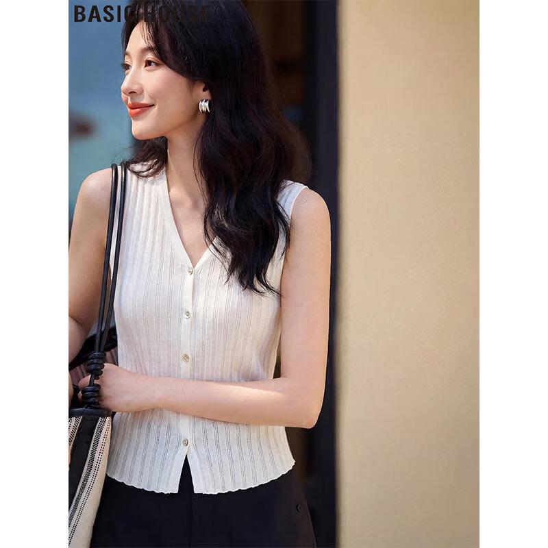 Basic House Women s Tencel Sleeveless Knit Cardigan Top M