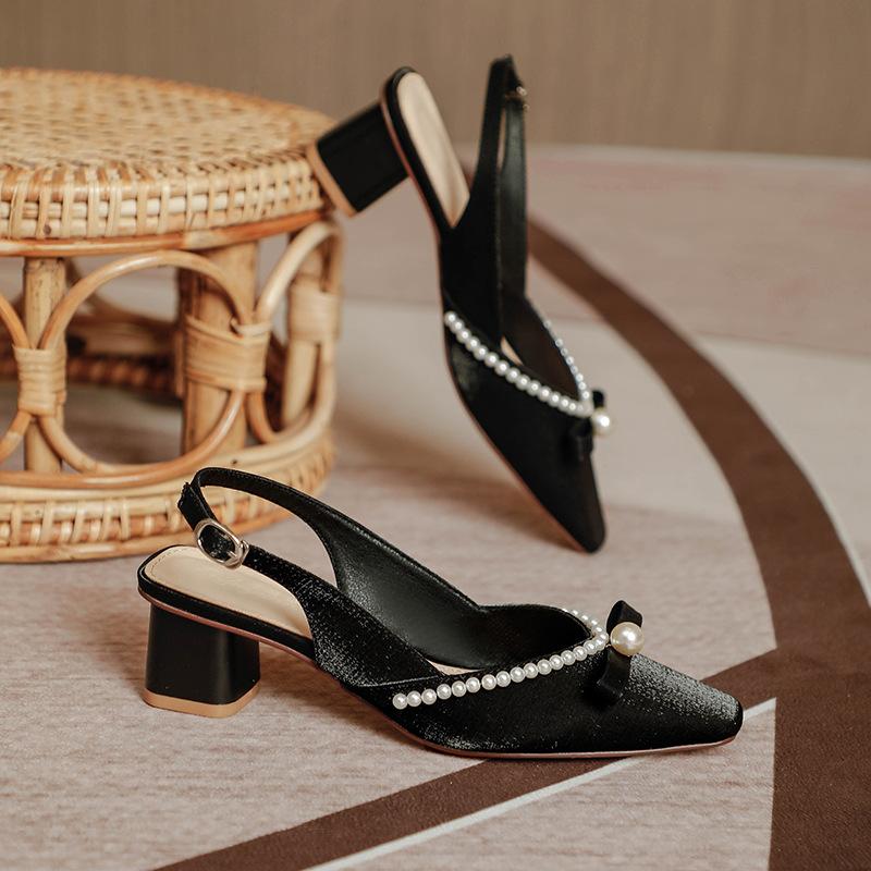 2025 new bag head sandals women wear high heels in summer, square head back strap, pearl fairy style thick heel single shoes