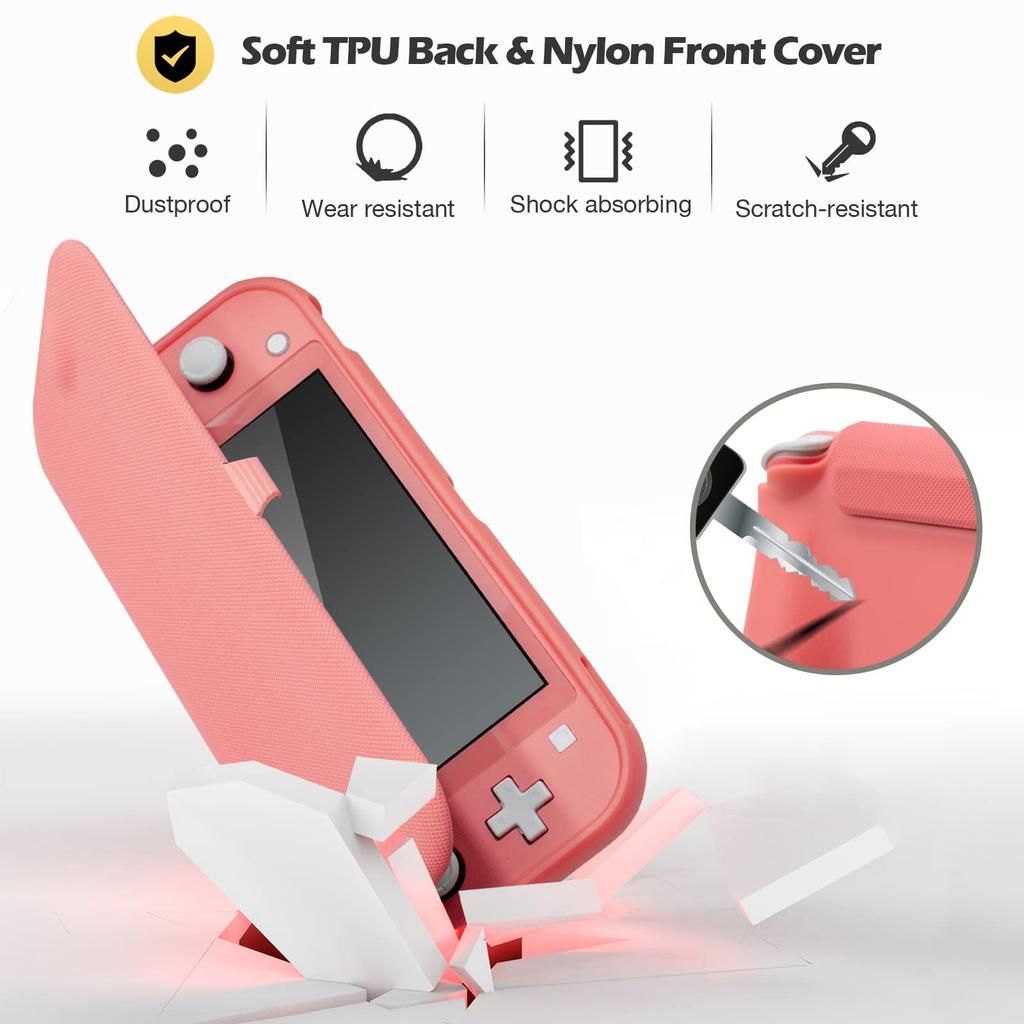 ProCase Switch Lite Flip Case 2 Glass Slim Clear Soft TPU Shockproof Protective Compatible with Switch Lite 2019 Coral [with Panels] Cover, Cover, –