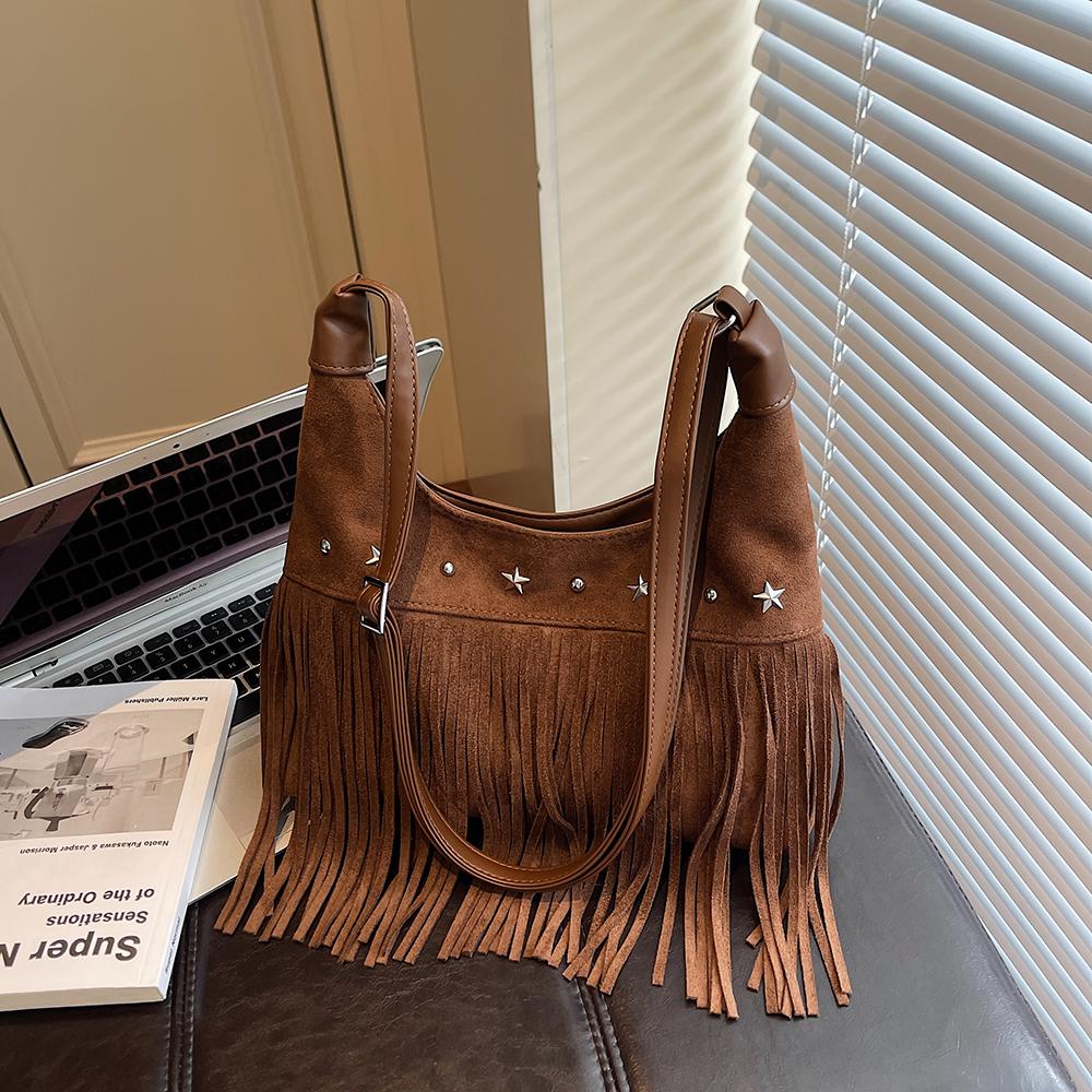 Retro Frosted Suede Tassel One Shoulder Bag Women Autumn Winter Vintage Rivet Zipper Large Capacity All-Match Crossbody Bags