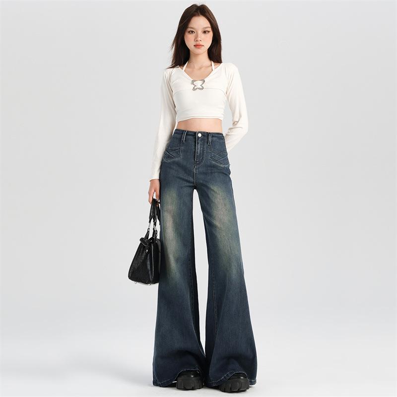 Retro Blue High-Waisted Flared Women s Jeans with Overlapping Pockets - 2025 Autumn Collection Medium