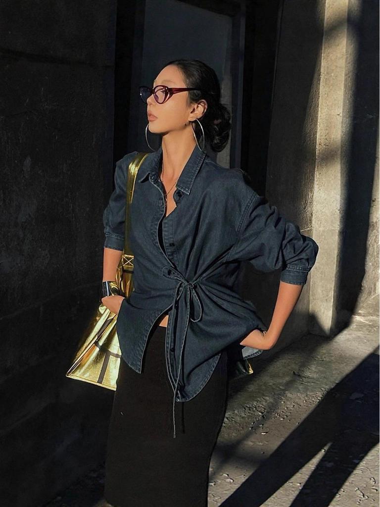 European Women's Lace-Up Denim Jacket - Button Front, Long Sleeve Casual Top