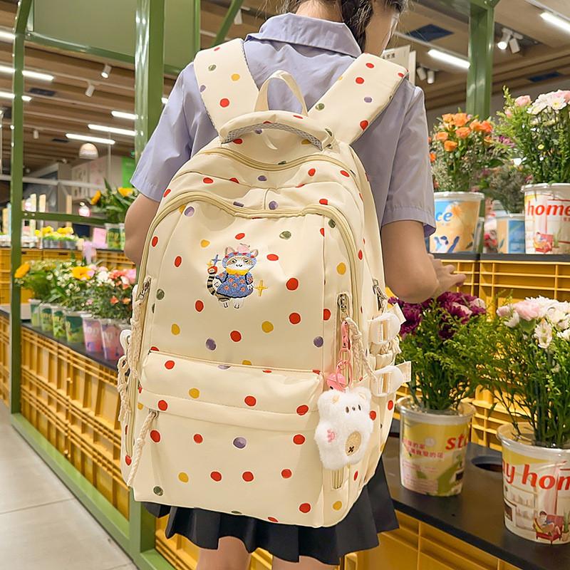 Colorful Cute Polka Dot Cartoon Cat Embroidery Pattern Backpack Students