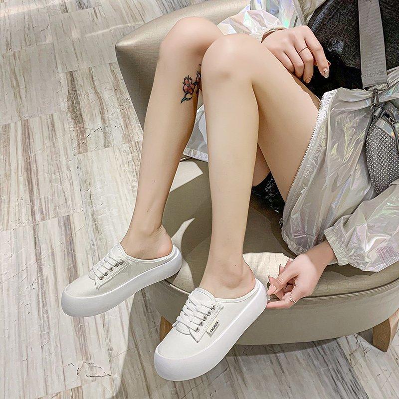 2025 new spring and autumn two wear thick-soled round head breathable shoes women's casual versatile niche light one pedal white shoes