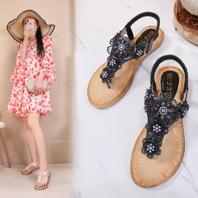 Sandały damskie z cyrkoniami, wzór kwiatowy, pasek na pięcie, letnie sandały plażowe, buty w stylu boho, japonki, Chaussures Femme