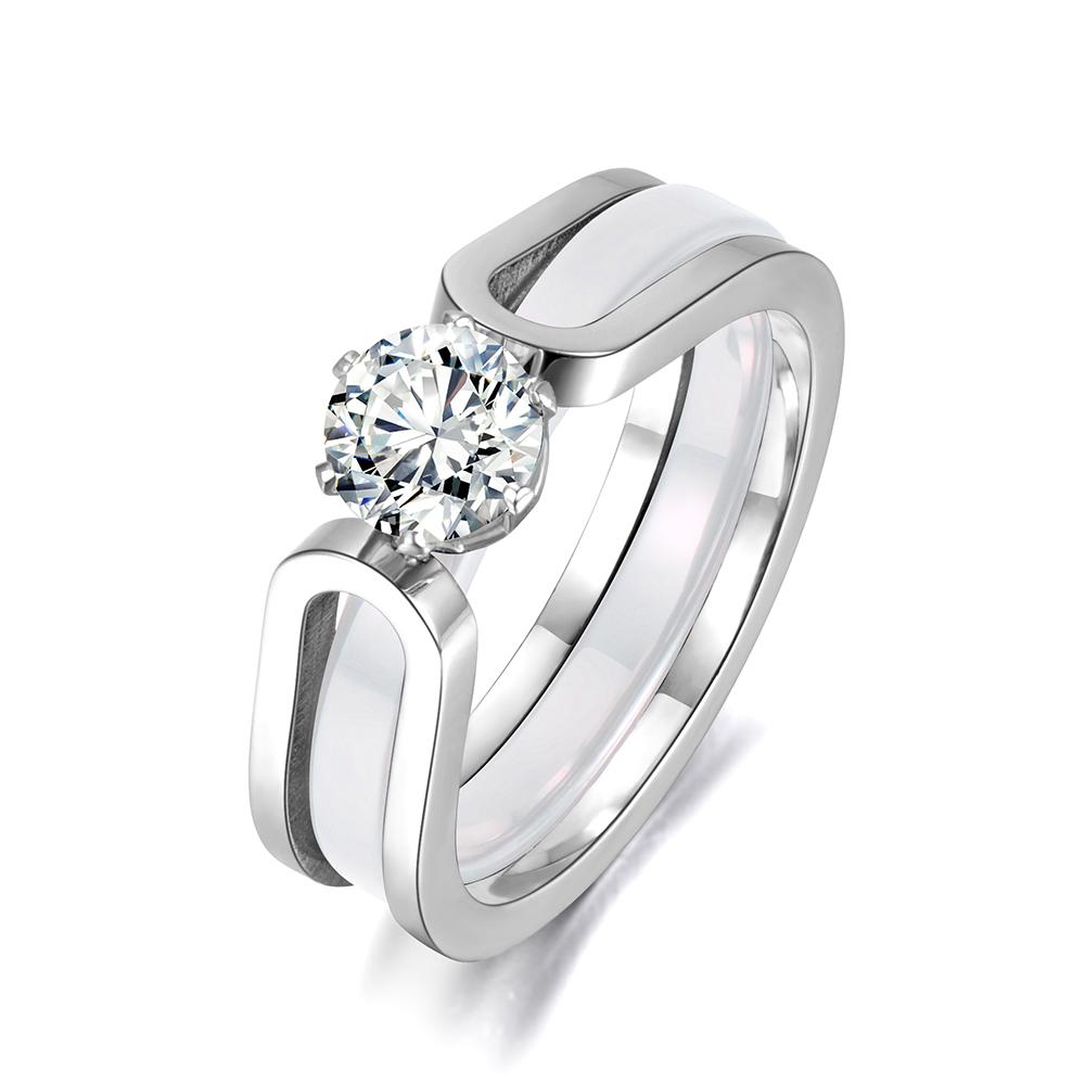 JeeMango 2 In 1 Black/White Ceramic Crystal Wedding Ring Jewelry For Women AAA Cubic Zirconia Stainless Steel Engagement R18071