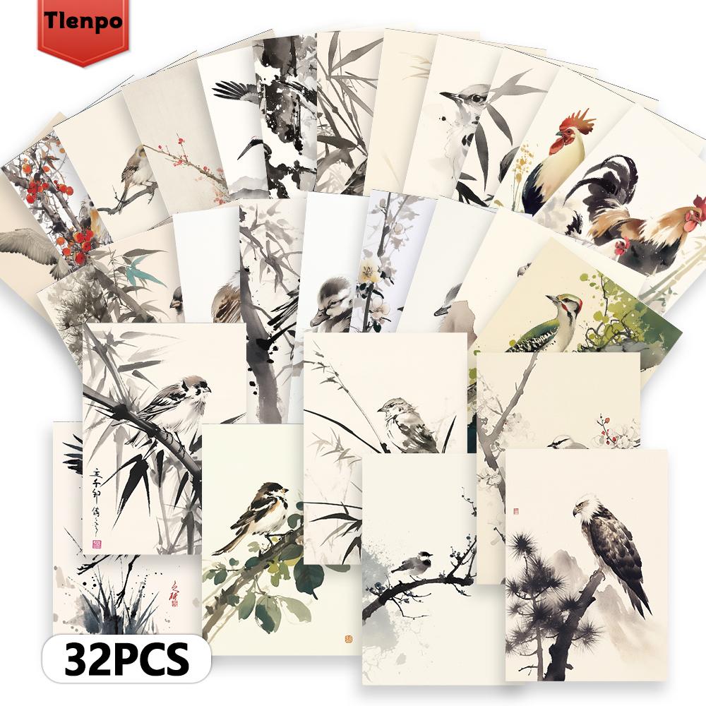 32pcs, Japanese Bird Illustration Vintage Postcards, Mailing Cards, Greeting Cards, DIY Cards, Souvenir Postcards, Decorations
