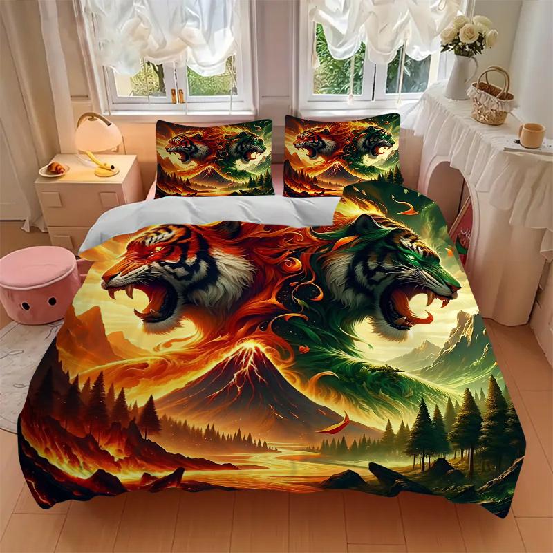 3pcs Flaming and Verdant Tiger Printed Duvet Cover Set (1 * Cover+2 * Pillowcase, Without Core), Suitable for Home Bedroom,