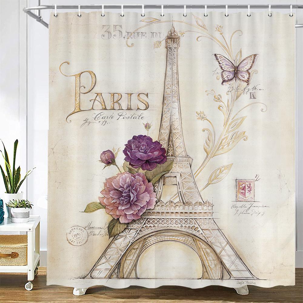 Nordic Style Landscape Paris Tower Fabric Shower Curtain Bathroom Curtains Waterproof Polyester Bath Screen with 12 Hooks