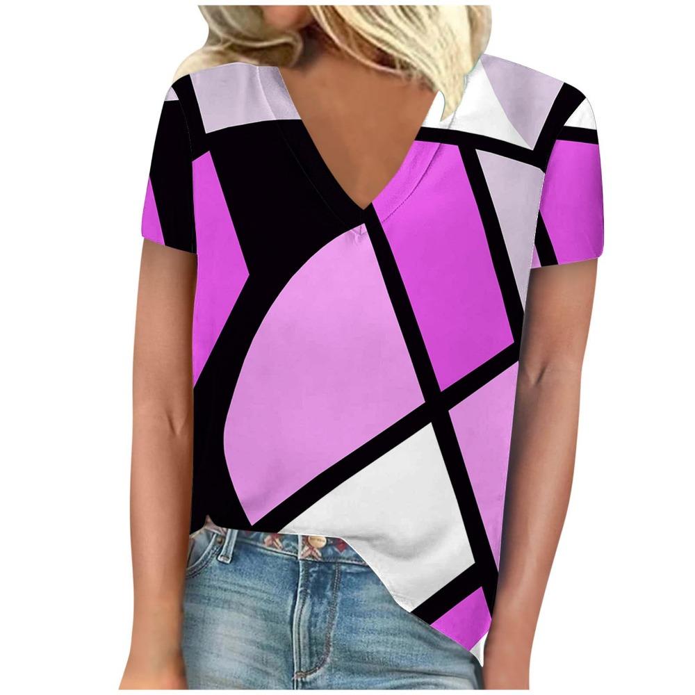 

Женская летняя футболка для отдыха, элегантная, с V-образным вырезом, с коротким рукавом, с нерегулярным геометрическим узором, свободная, повседневная одежда, женская футболка 8XL