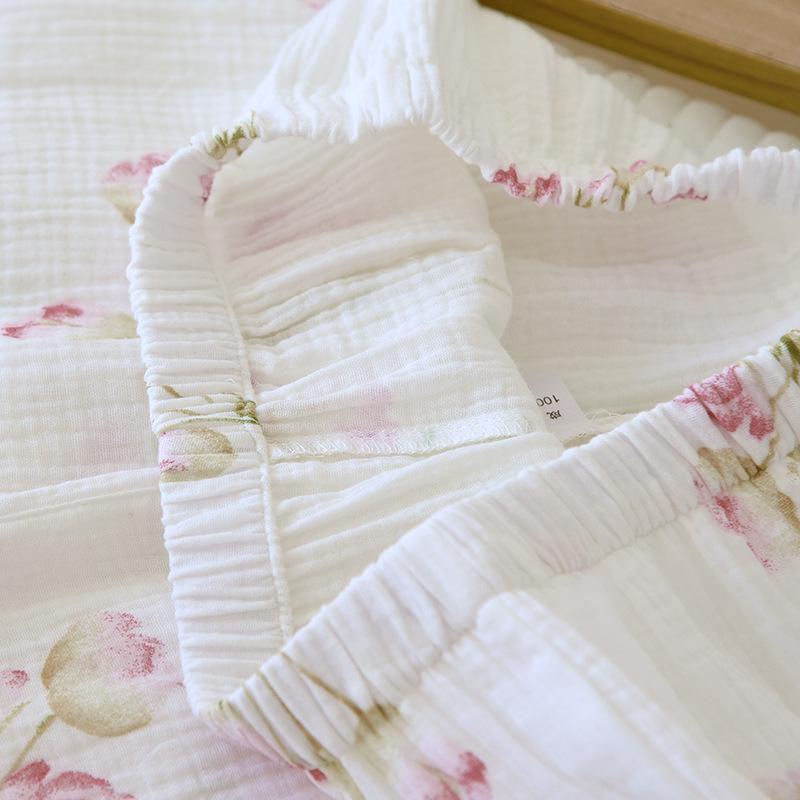 Dámská pastorální pyžamová souprava - Dlouhý rukáv, dvouvrstvý krep, čistá bavlněná gázovina na jaro, léto, podzim.