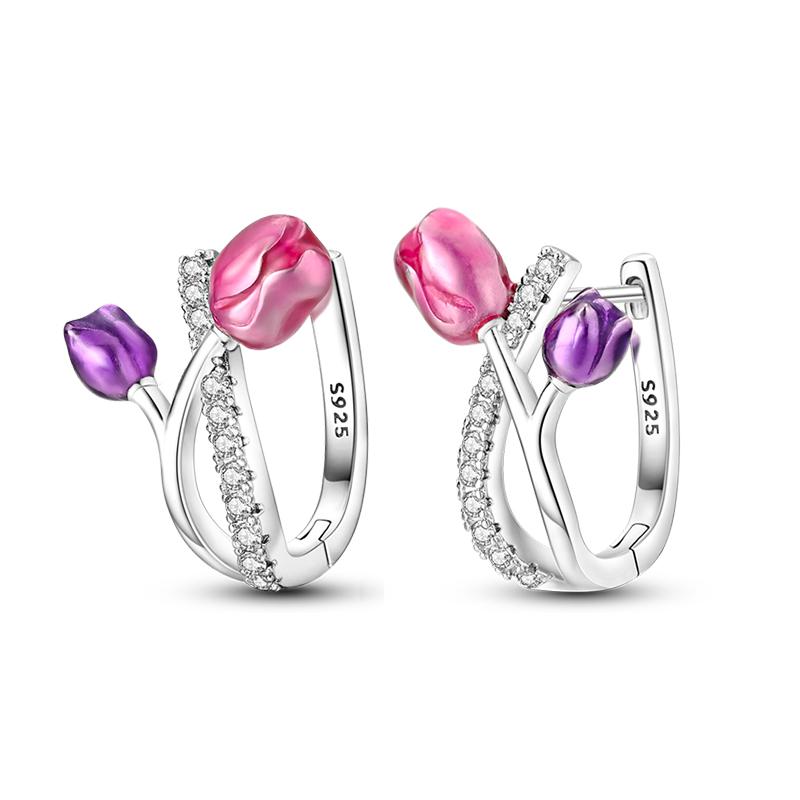 Fashion Spring Series Earrings For Women 925 Silver Color Butterfly Dragonfly Flower Heart Shaped Ear Studs Fine Jewelry Couple