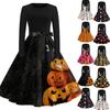 Women's Casual Vintage Halloween Dress Long Sleeve Round Neck A-Line Midi Dress with Bow Waistband and Pumpkin Print Skirt