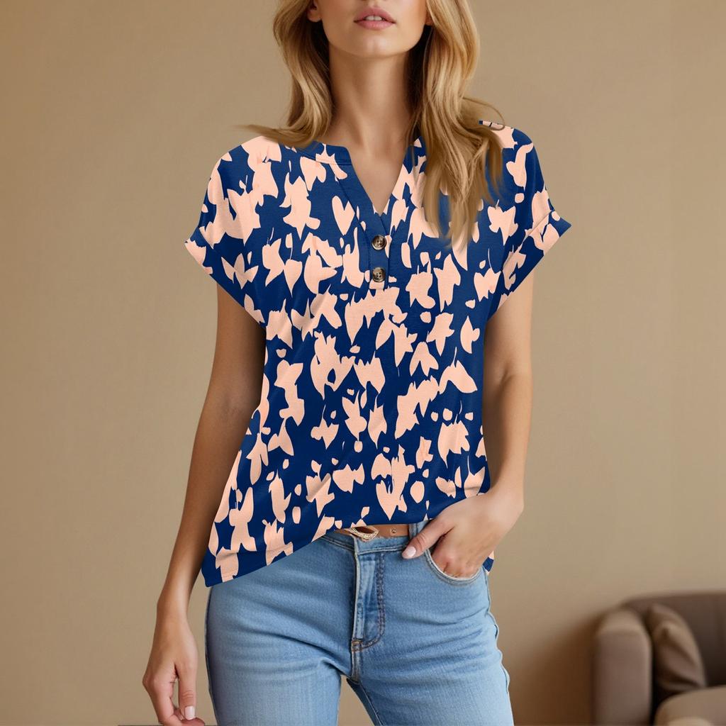 Dámský módní ležérní krátkorukávový svetr s výstřihem do V, na knoflíky, s potiskem