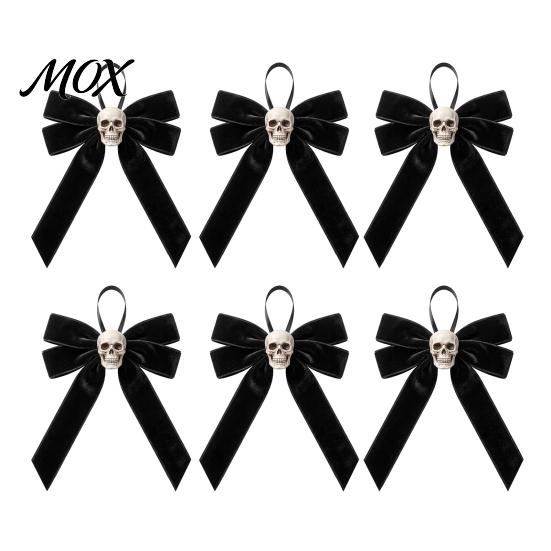Retro Distressed Skull Accessory Halloween Velvet Bows with Ornaments for Tree Decoration, Black Flannel Skeleton Wall Decor Gothic Bow Hanging