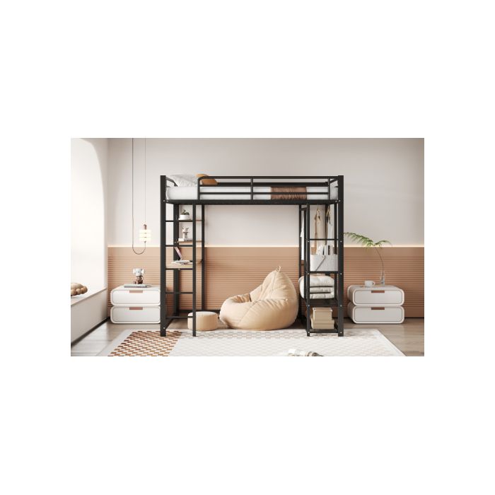 Lit mezzanine - MUVOE - 140x200 cm - Métal noir - Table de travail - Penderie intégrée