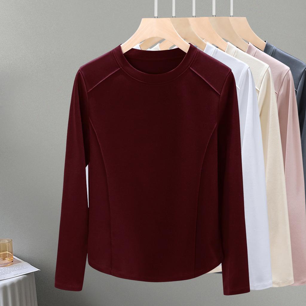 Rundhals mercerisierte Baumwolle langärmlig Damen Herbst neu Bogen Saum mit unterer Taille Slim Top