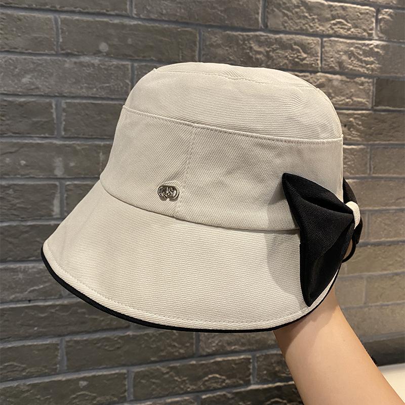 Contrasting color bow bucket hat women's spring and autumn new fashion washbasin hat wide brim versatile face hat