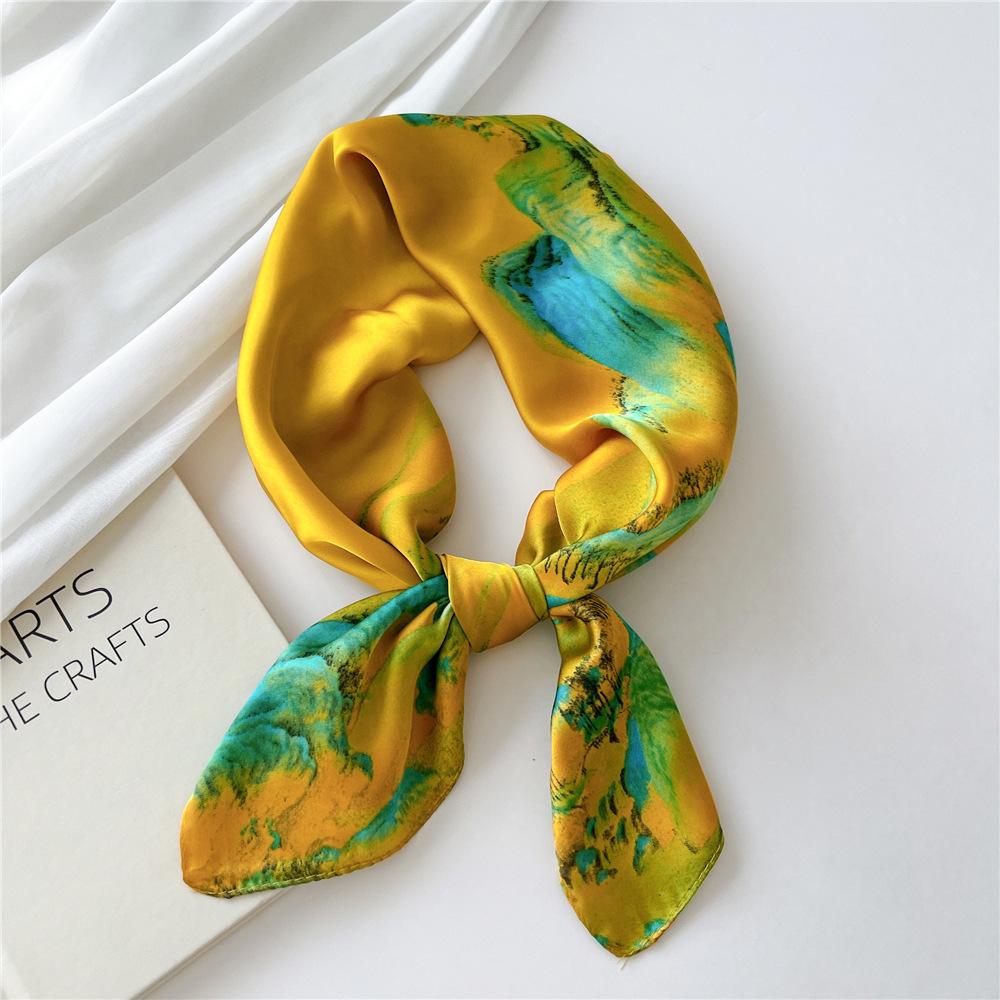 Luxury Silk Square Scarf Women Shawl Fashion French Flower Print Design Satin Hijab Wraps Neckerchief Female Hair Bands 70*70Cm
