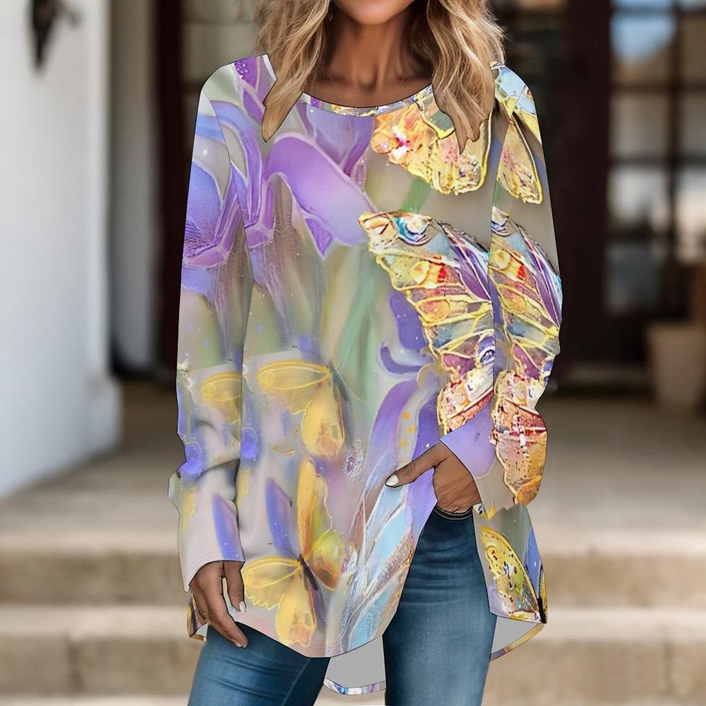 Women Long Sleeve Tunic Top Print Crew Neck Loose Fit Blouse With Pockets Casual Daily Wear Ladies Tops