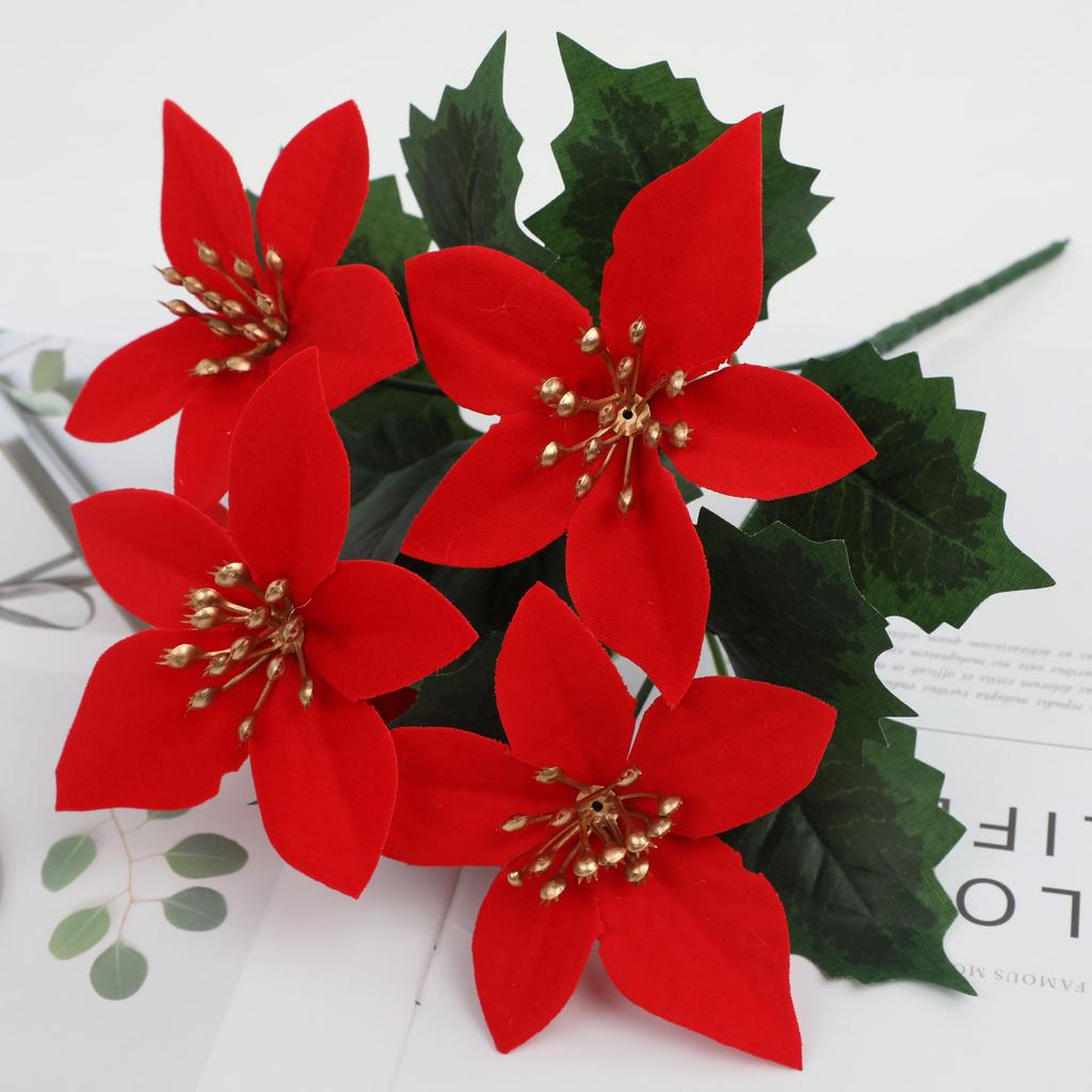 28cm Artificial Poinsettia Bushes Faux 5 Heads White Red Silk Artificial Christmas Flower Bouquet for Home Wedding Party Decor