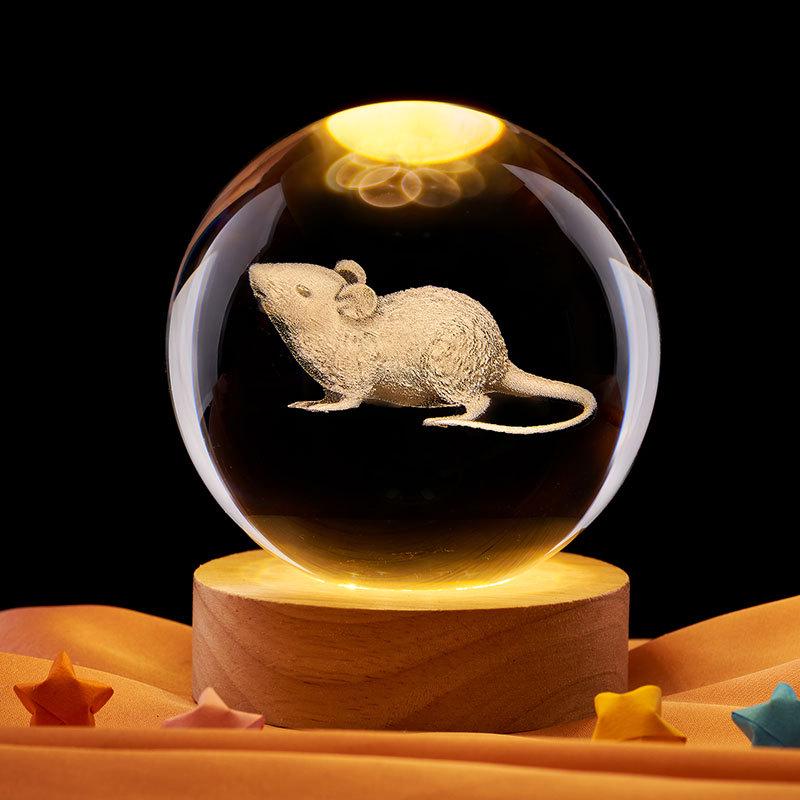 Zodiac Animal Crystal Ball Night Light - Colorful Warm Glow Desktop Ornament Birthday Gift for Friends 6cm Crystal Ball + Warm Light Wood Base