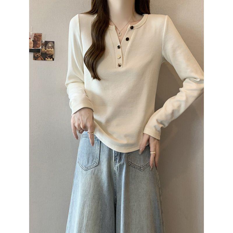 V Neck Chic Slightly Fat Sister Belly-Covering Long Sleeve T-Shirt