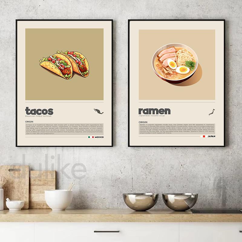 Manga Style Cartoon Food Kitchens Accessories Poster Sushi Pizza Tacos Ramen Foods Wall Art Pictures Canvas Painting Home Decor