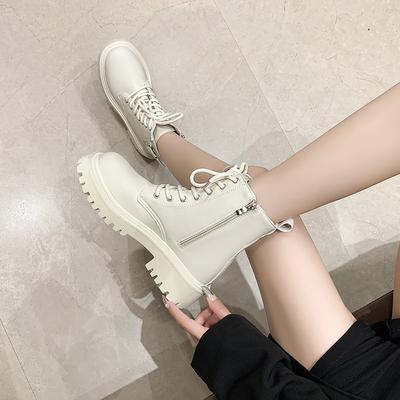 British Style White Martin Boots Women's 2024 Winter New Solid Color Versatile Front Lace-up Martin Boots Women