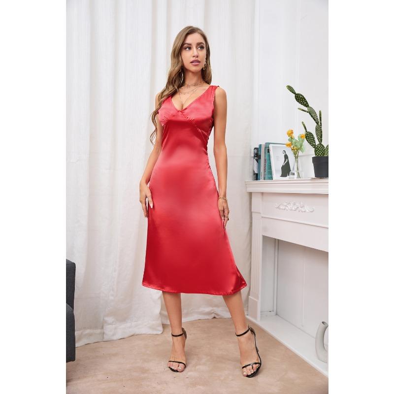 YYFS Women's Fashion Summer Spring Solid Color Print Sleeveless V-Neck High Waist Casual Dresses