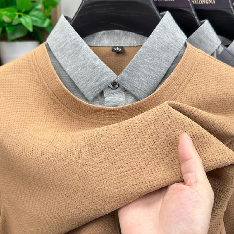 New Spring Autumn Style Men's Fake Two-Piece Shirt Collar Sweatshirt Long Sleeve Loose Trendy Fashion Versatile Base Layer Top