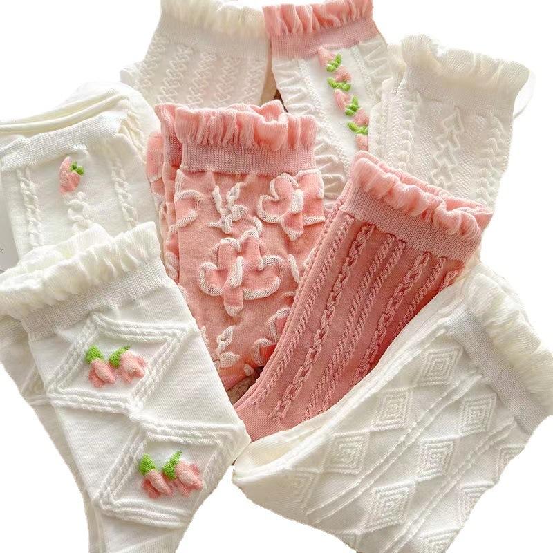 5 Pairs Cute Socks Floral Flowers Women Lace White Short Sock Sweet Lolita jk Ruffled Harajuku Krean Style Mid Tube Cotton Socks