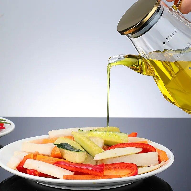 500/700/900ml Home Creative Glass Diamond Oil Bottle with Scale and Handle Kitchen Soy Sauce Vinegar Condiment Storage Container
