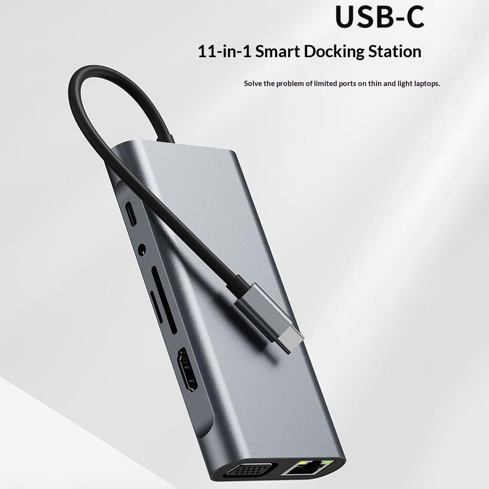11 In 1 Type-C Docking Station Multi-Port Hub Adapter USB 3.0 with HD/VGA/LAN/Audio/Card Reader/USB Ports for Laptops