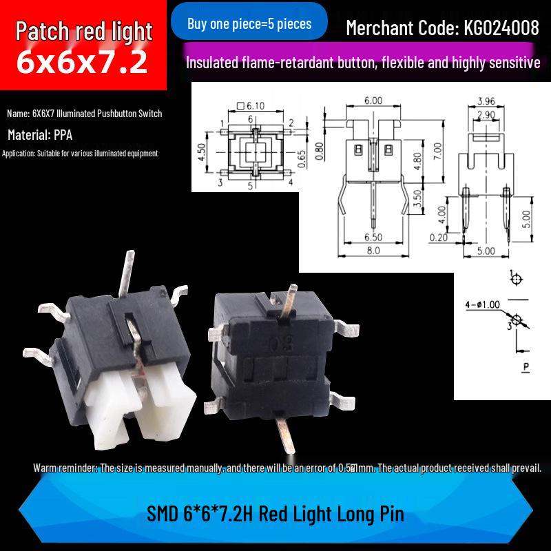 

LED Luminous Tactile Switch 6x6x7/7.2mm Through-Hole Reset Button