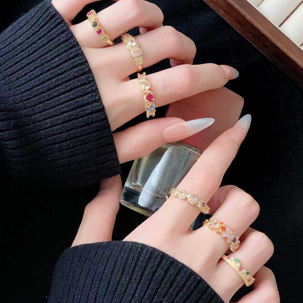 Retro Gold Colorful Sparkling Diamonds Niche Design Open Ring Court Style Exquisite Elegance Light Luxury High-End Ring
