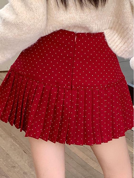 Gonna corta a ruota da donna a vita alta con pois rossi e fiocco, Nuovo stile Autunno/Inverno 2025