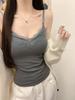 #Early autumn new sexy polished V-neck lace splicing thermal sling vest slim and thin women's top